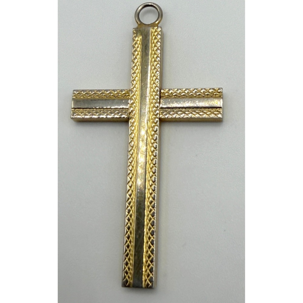 Large Gold Tone Cross Pendant‎ Textured Religious Charm 2.25"